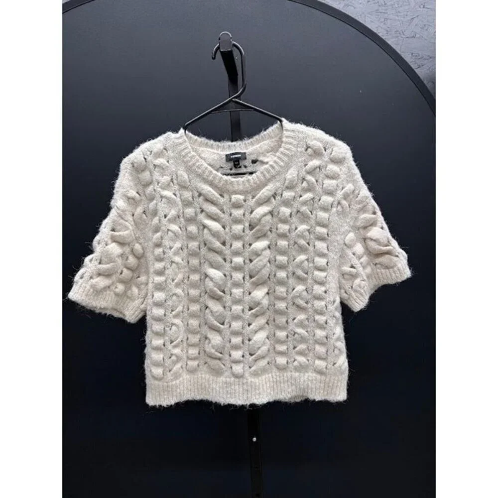 Express Cable Knit Short Sleeved Wool Blend Sweater